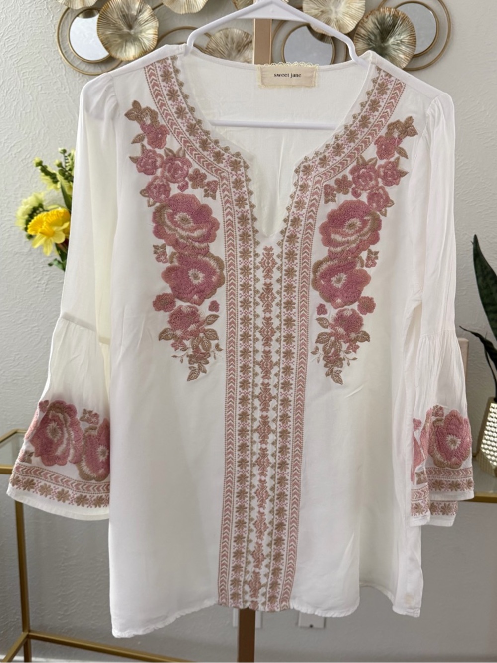 Cream Tunic Top with Pink Floral Embroidery